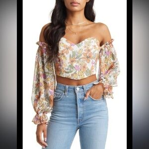 VICI COLLECTION FLORAL OFF THE SHOULDER CORSET CROP TOP IN ORANGE MULTI